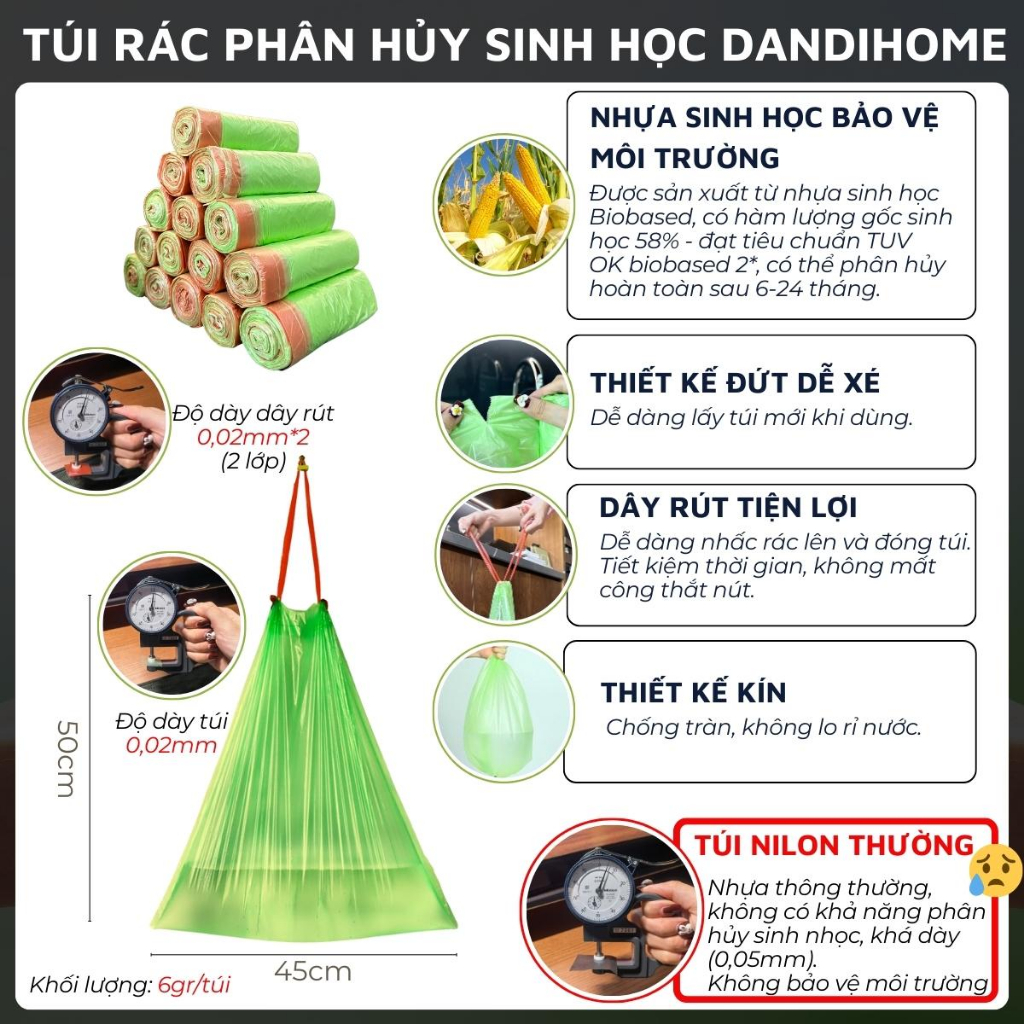 Túi rác tự phân hủy sinh học DandiHome có dây rút