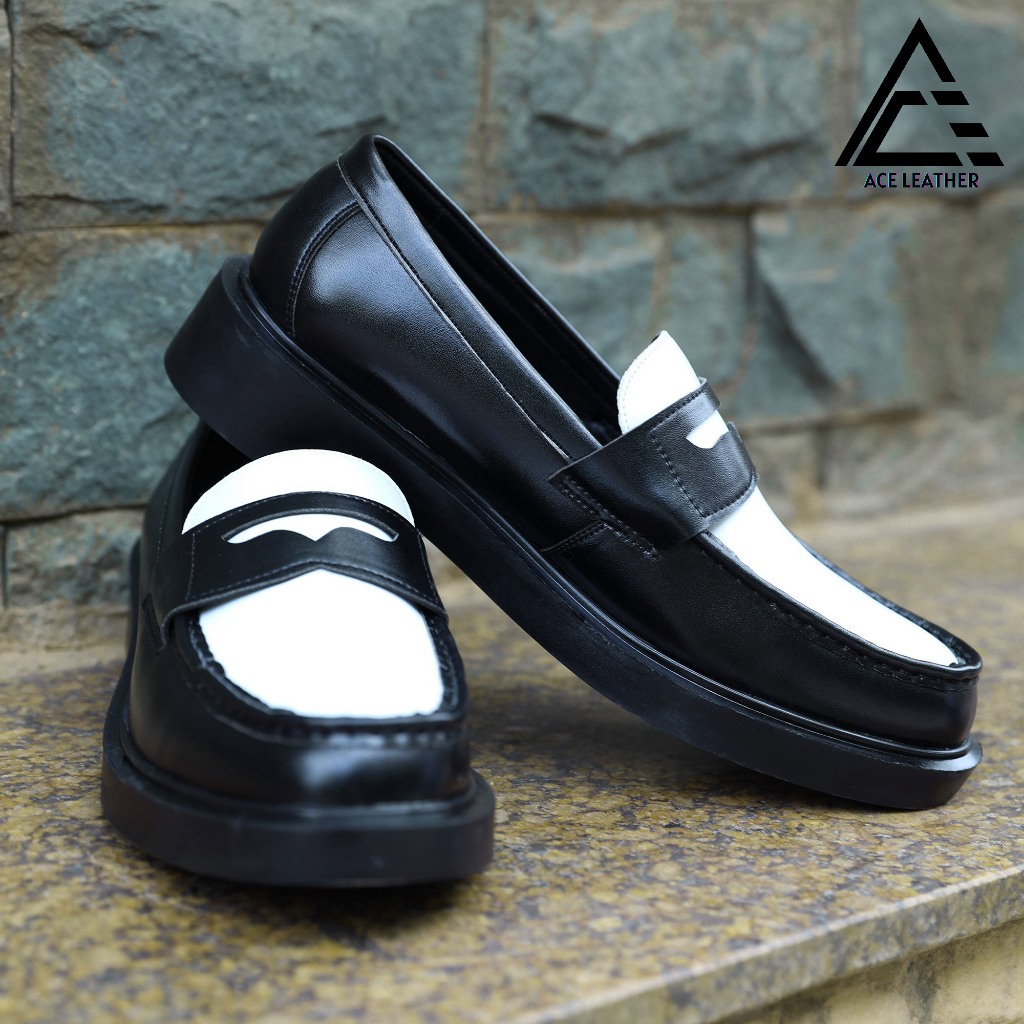 Giầy Tây Nam ACE Penny Loafer Đen Trắng Da Bò Bảo Hành 12 Tháng