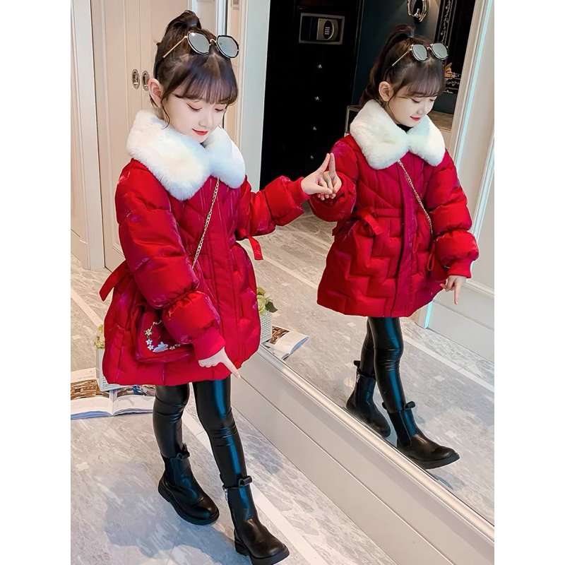 Áo Khoác Phao Cổ Lông Dáng Dài Bé Gái Tặng Kèm Túi Đeo Chéo - Thời Trang Quảng Châu Cao Cấp