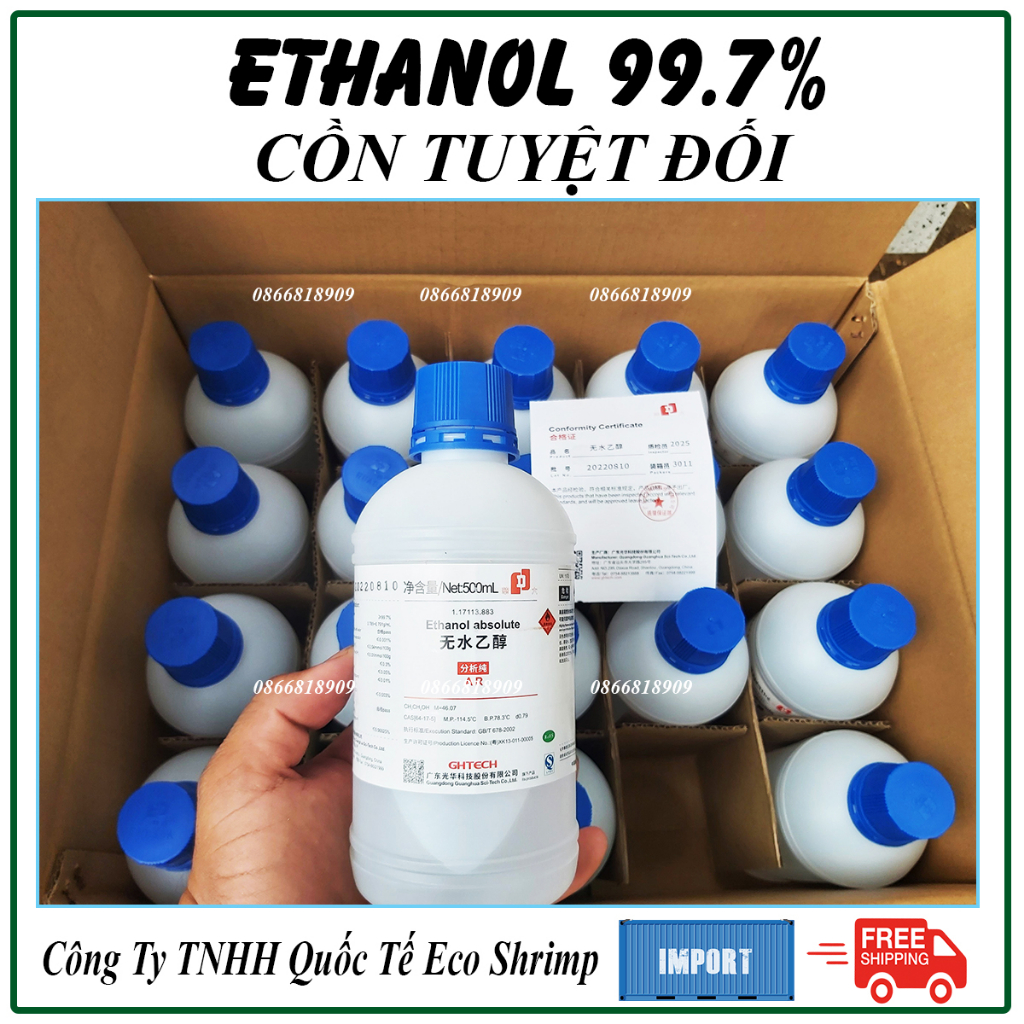 Chai 500ml Cồn Tuyệt Đối Ethanol 99.7% JHD (C2H5OH, Cas: 64-17-5) Hàng Tinh Khiết Phòng Thí Nghiệm