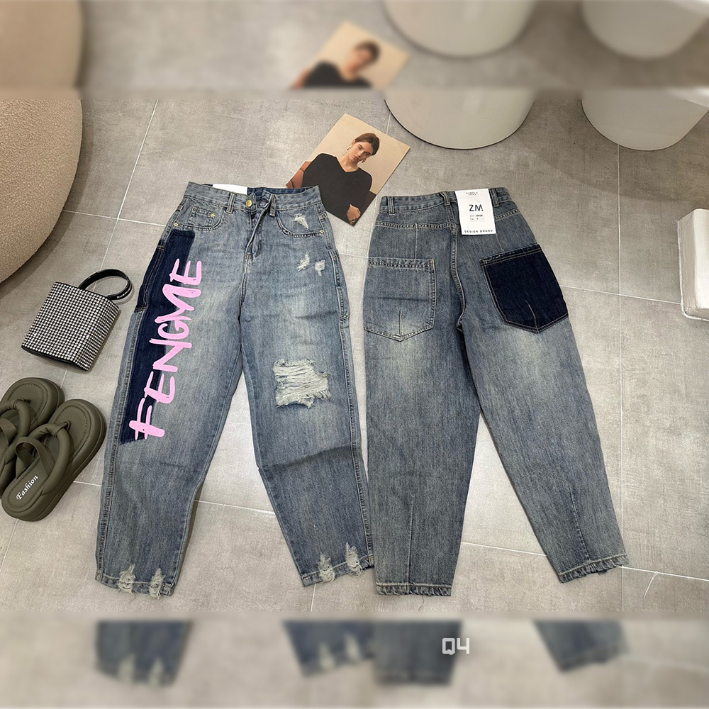 Quần jean baggy rách nữ in chữ hồng thời trang | A&JEAN STORE