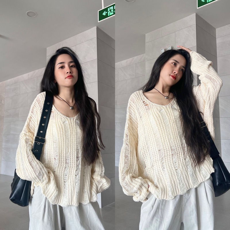 Áo len rách tay dài