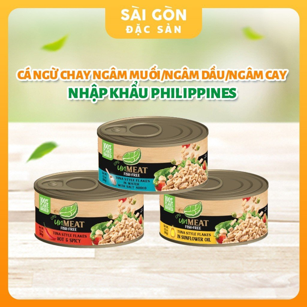 Cá ngừ chay ngâm dầu và cá ngừ chay sốt cay, cá ngừ chay ngâm muối Unmeat 180 gam- Nhập khẩu Philippines Sài Gòn Đặc Sản