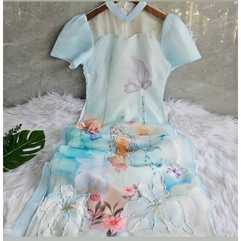 Áo dài cách tân vải tơ organza 4 tà xanh ngọc by Lucci.Design