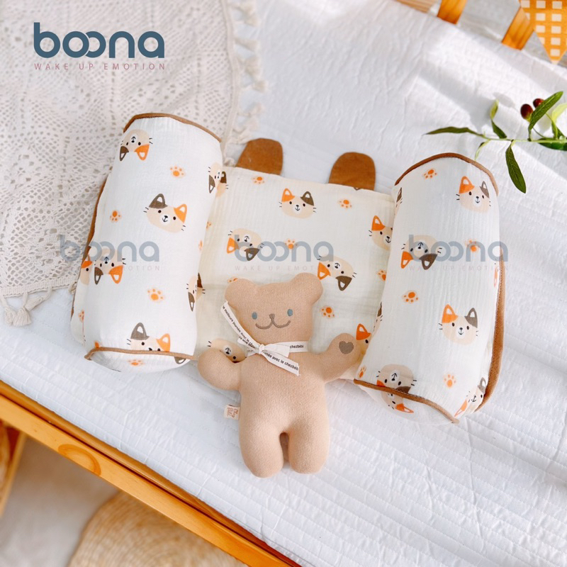 Gối Chặn Định Hình Đầu Xô Muslin BOOONACho Bé Sơ Sinh, Chống Méo Đầu, Bẹp Đầu,Êm Ái Kèm Bông Bên Trong