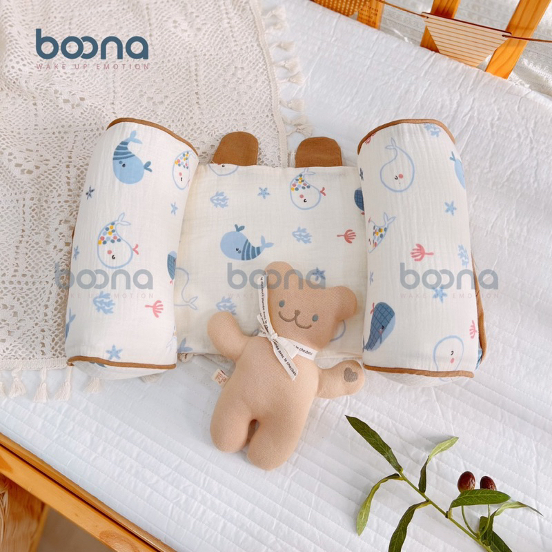 Gối Chặn Định Hình Đầu Xô Muslin BOOONACho Bé Sơ Sinh, Chống Méo Đầu, Bẹp Đầu,Êm Ái Kèm Bông Bên Trong