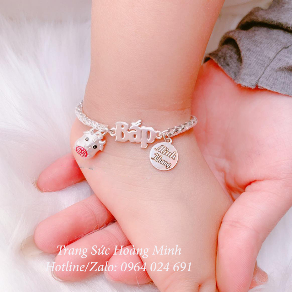 Lắc tay, lắc chân bạc khắc tên cho bé và con giáp charm dễ thương