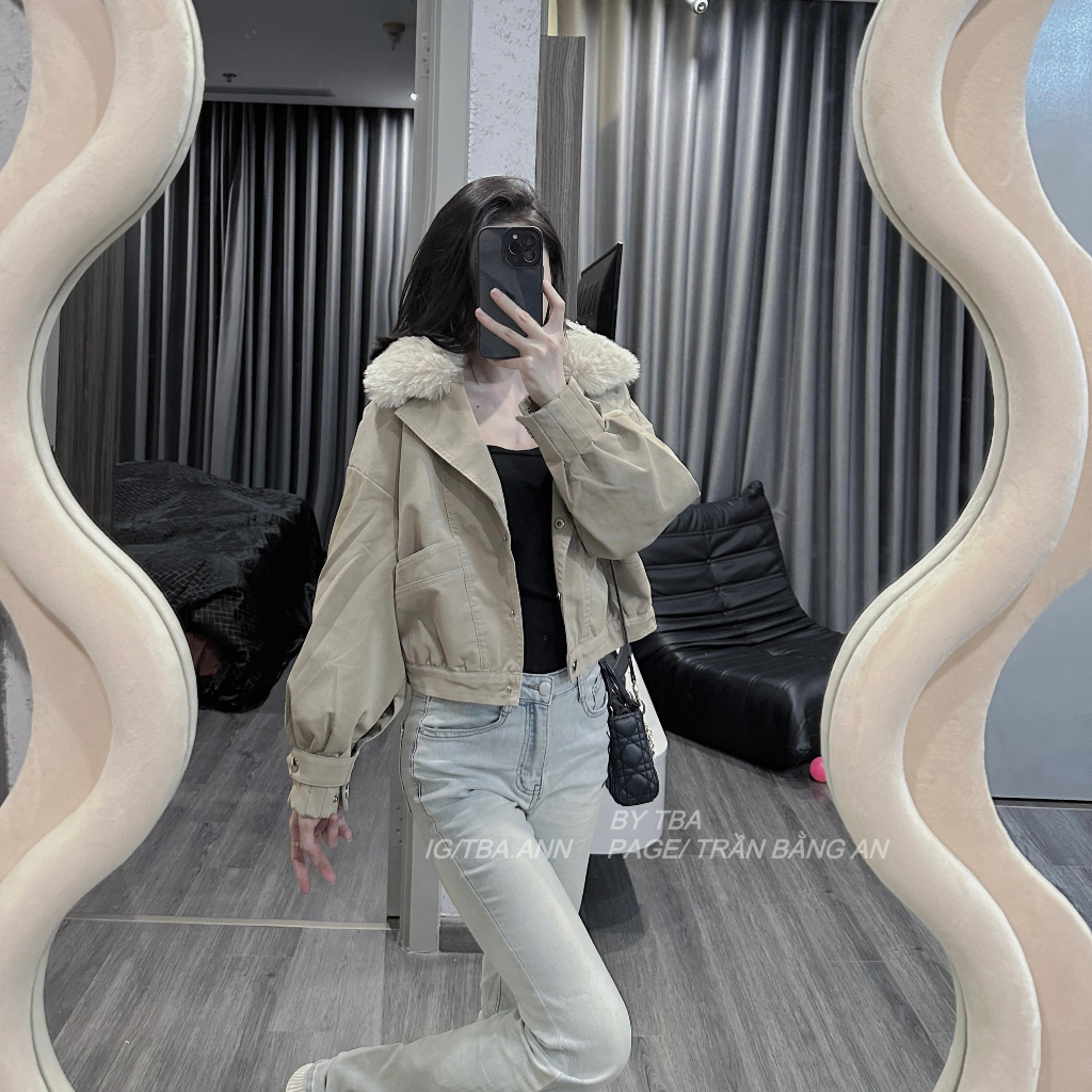 Áo da nữ CANAVI cúc bấm cổ lót lông phong cách cá tính trẻ trung kem 105 | BigBuy360 - bigbuy360.vn
