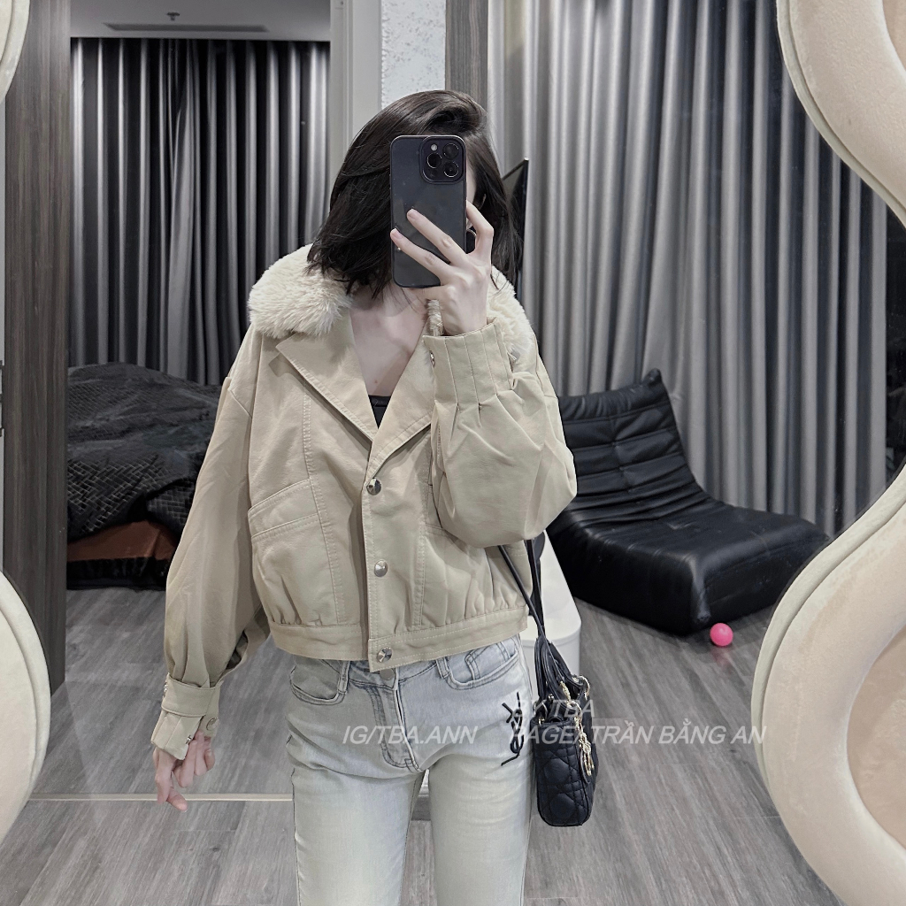 Áo da nữ CANAVI cúc bấm cổ lót lông phong cách cá tính trẻ trung kem 105 | BigBuy360 - bigbuy360.vn