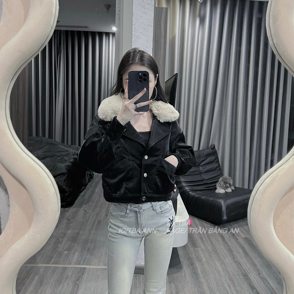Áo da nữ CANAVI cúc bấm cổ lót lông phong cách cá tính trẻ trung kem 105 | BigBuy360 - bigbuy360.vn