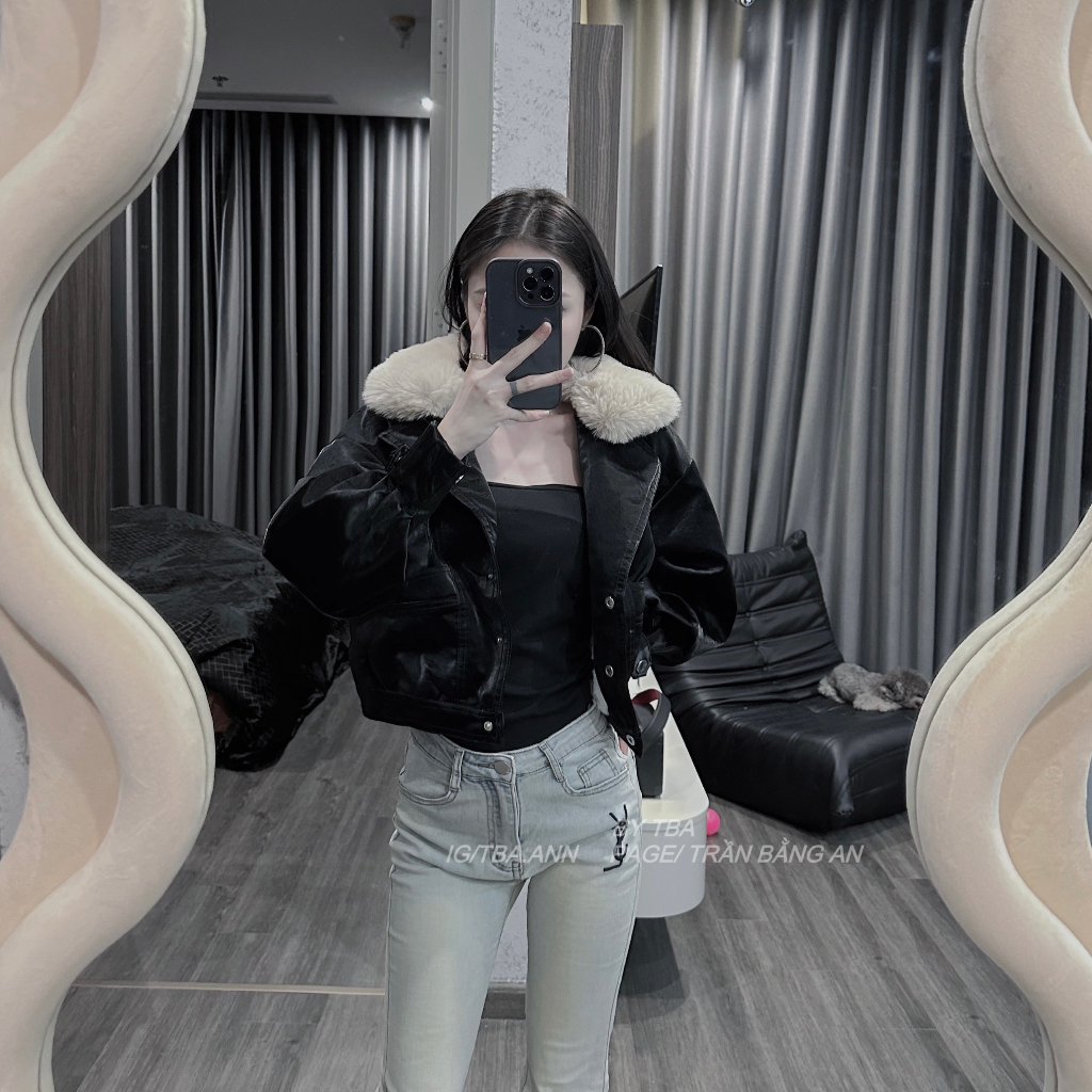Áo da nữ croptop GABIDO cúc bấm cổ lót lông phong cách cá tính trẻ trung đen 105