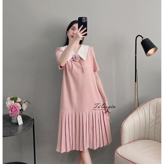 Váy bầu công sở đuôi cá xếp ly phối lá cổ trắng xinh xắn
