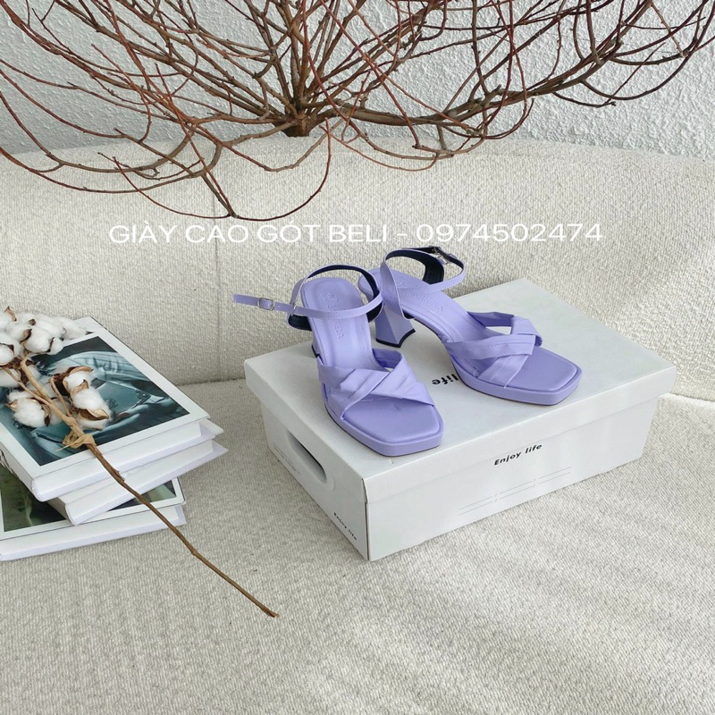 Giày cao gót nữ mũi vuông, đế đúp, quai xếp chéo cao 9p  tôn dáng