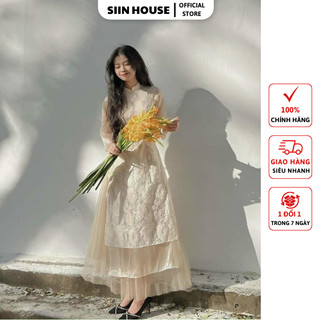 Sét áo dài cách tân hoa nổi phối tay voan lỡ + chân váy midi voan cao cấp siin house
