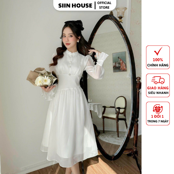 Siin House Đầm Tiểu Thư Tay Dài Phối Nút chụp kỷ yếu, đi tiệc, dạo phố