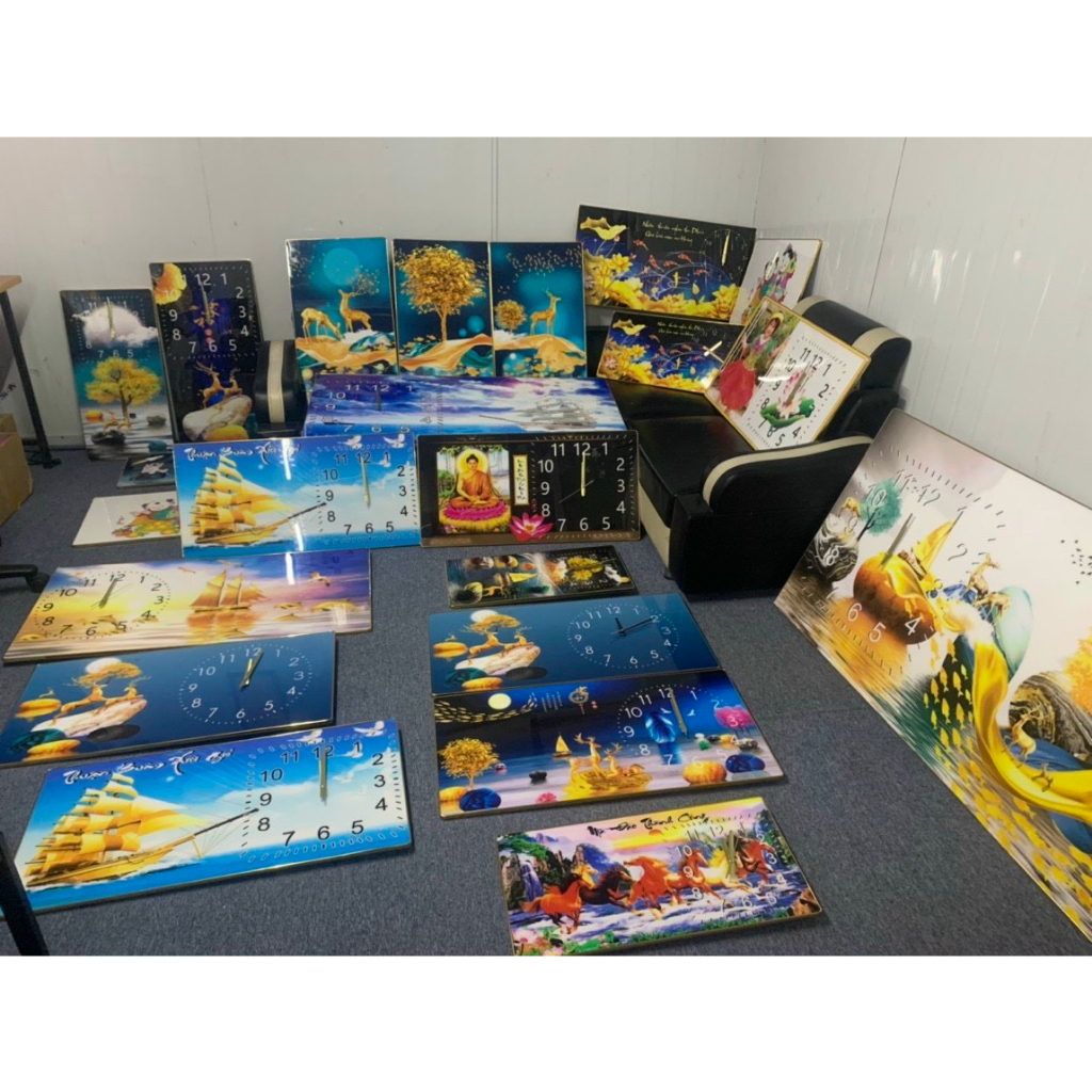 Đồng Hồ Treo Tường Decor Tráng Gương ''Cửa Ngư Quần Hội,Song Ngưu Phát Tài'' in Uv 5D Cao Cấp Phong Cách Hiện Đại