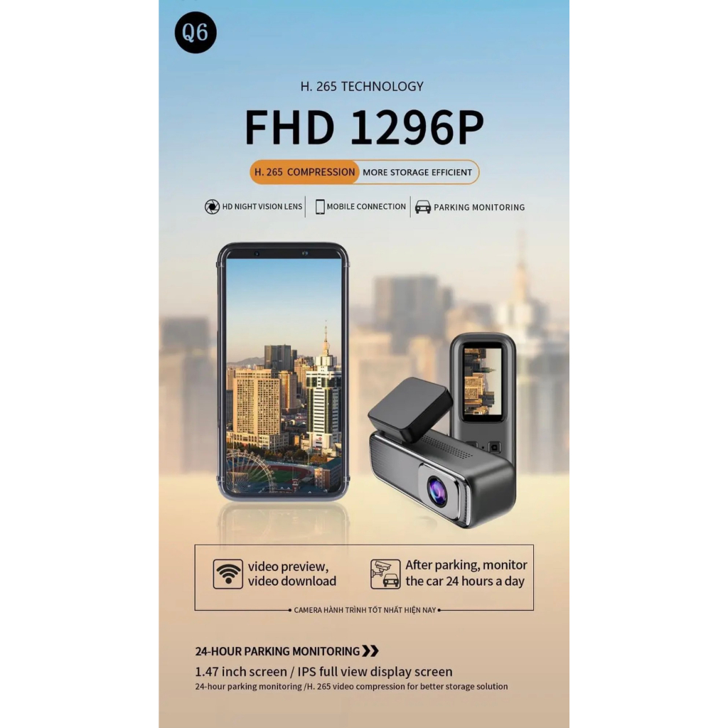 Camera Hành Trình Q6 1 Mắt Có Màn Phụ Full HD Mới 2023 Tắt Máy Ghi Hình Liên Tục 48H