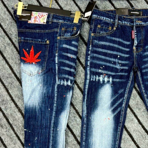 Quần bò jean nam dài xanh đen rách gối vẩy sơn thêu lá phong cá tính đẹp,chất jean dày form tôn dáng giá tốt