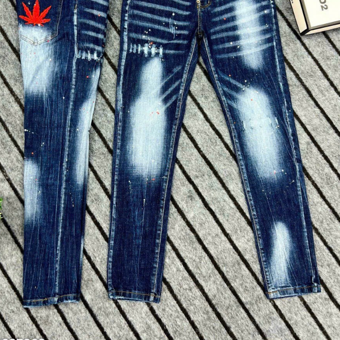 Quần bò jean nam dài xanh đen rách gối vẩy sơn thêu lá phong cá tính đẹp,chất jean dày form tôn dáng giá tốt