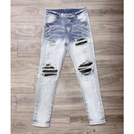 Quần bò jean nam dài xanh đen rách gối vẩy sơn thêu lá phong cá tính đẹp,chất jean dày form tôn dáng giá tốt