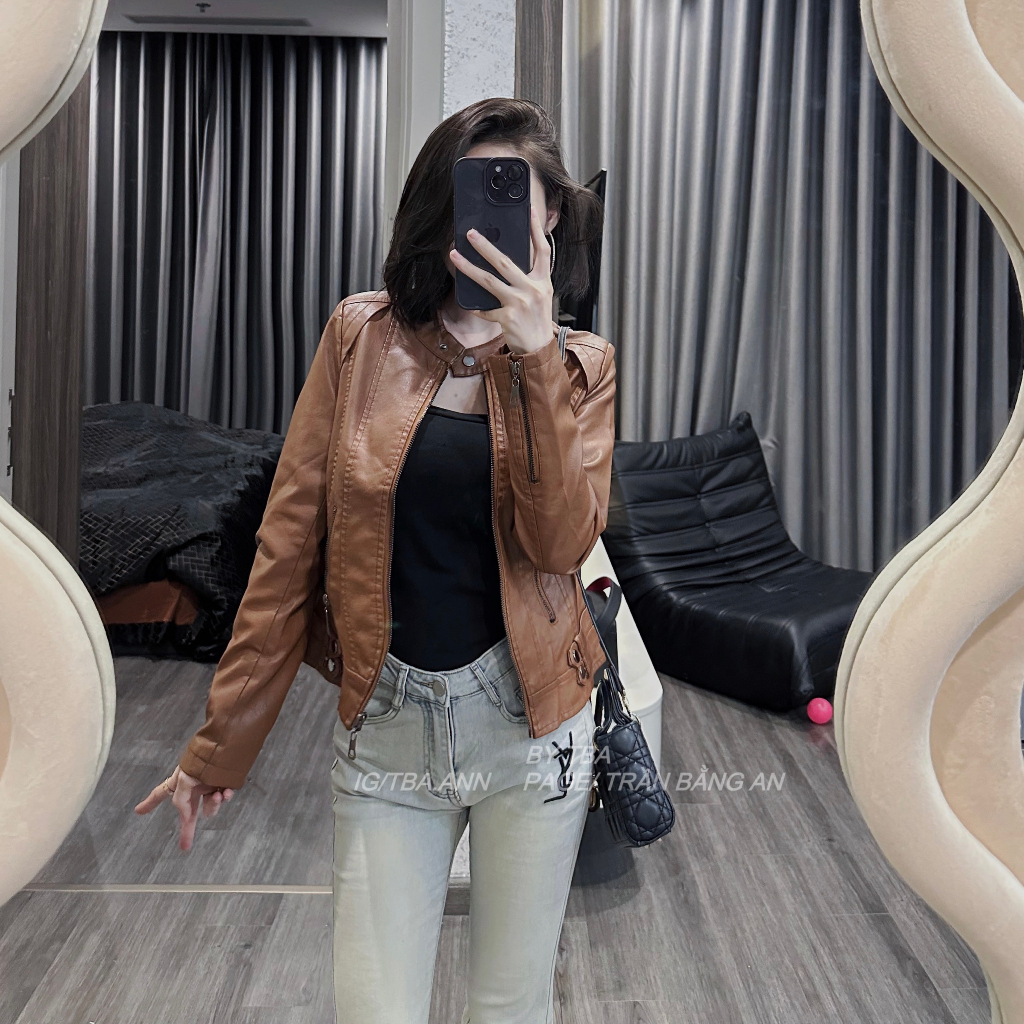 Áo da nữ LYB khóa kéo cổ tròn phong cách hàn quốc cá tính - nâu 9811