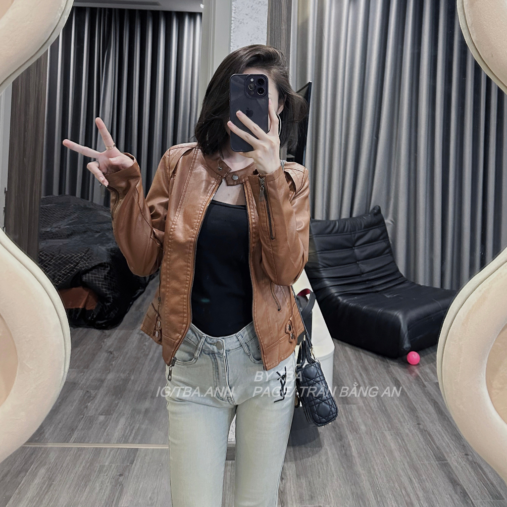 Áo da nữ LYB khóa kéo cổ tròn phong cách hàn quốc cá tính - nâu 9811 | BigBuy360 - bigbuy360.vn