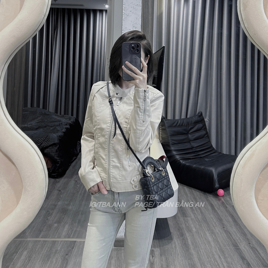 Áo da nữ LYB khóa kéo cổ tròn phong cách hàn quốc cá tính - kem 9811