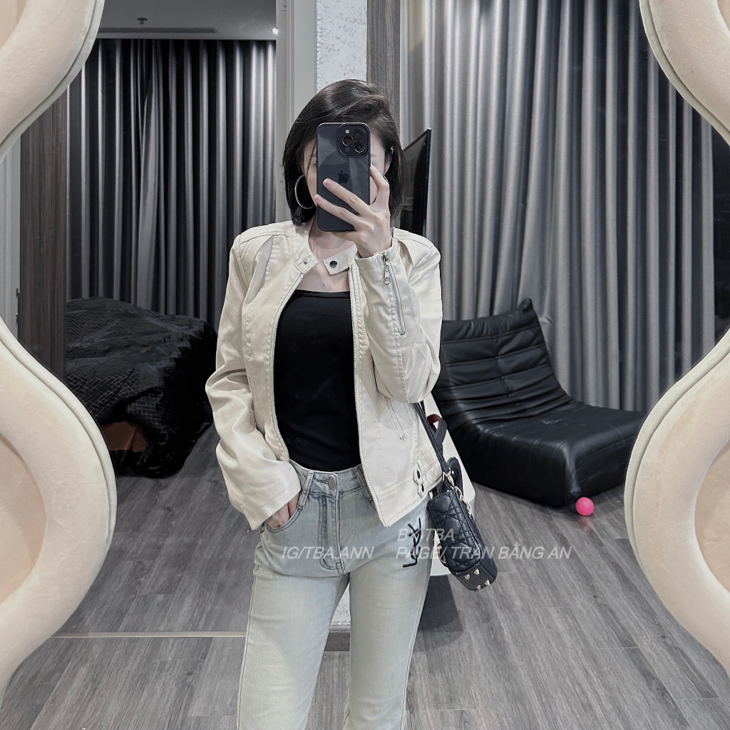 Áo da nữ LYB khóa kéo cổ tròn phong cách hàn quốc cá tính - kem 9811 | BigBuy360 - bigbuy360.vn