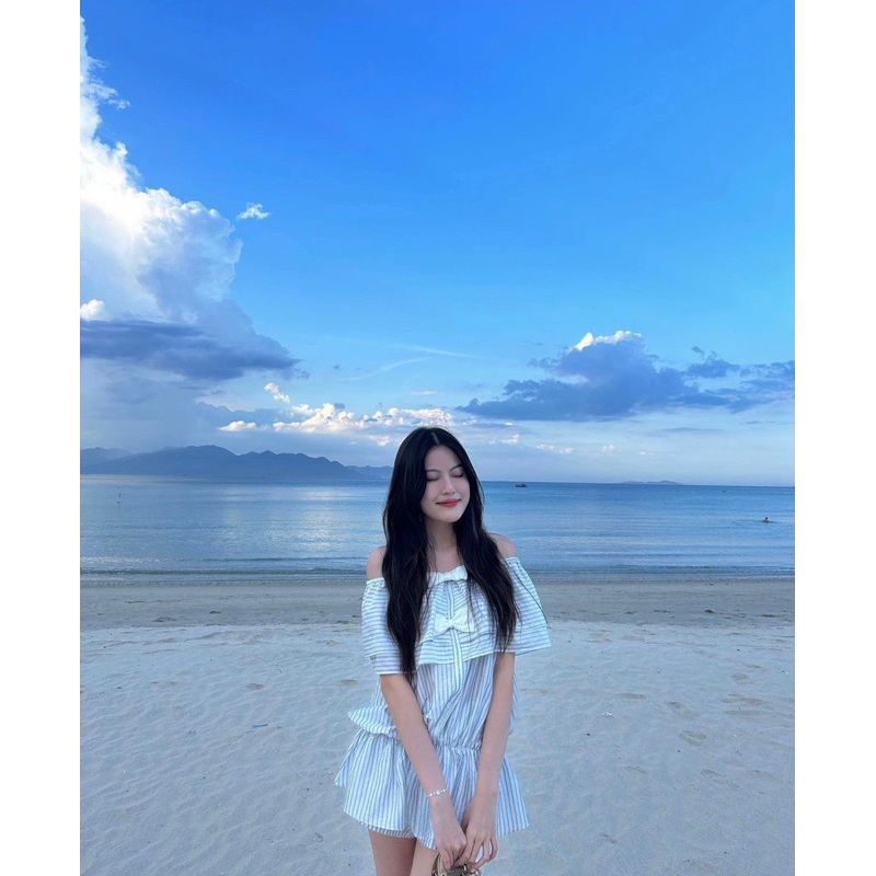 Set trễ vai họa tiết nơ kẻ sọc nhà JUNE có bo chun co dãn thoải mái chất liệu vải Line Sọc