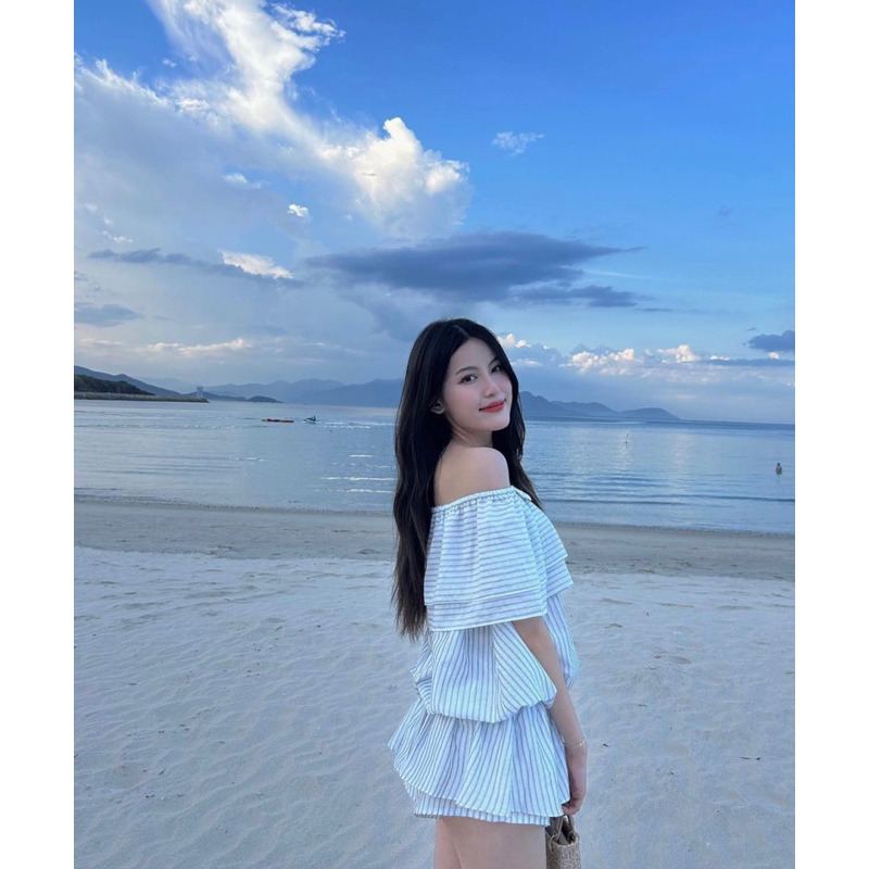 Set trễ vai họa tiết nơ kẻ sọc nhà JUNE có bo chun co dãn thoải mái chất liệu vải Line Sọc