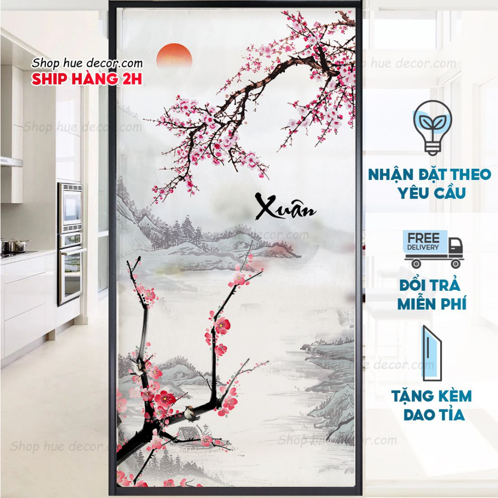 Decal dán kính mờ mùa xuân, phong cách tranh thủy mặc, chống nhìn trộm dán cửa sổ, cửa đi, phòng khách, phòng ngủ