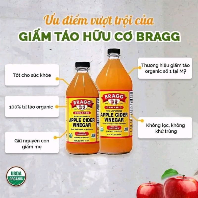Giấm Táo Hữu Cơ Bragg chai 473ml, 946ml - Hàng Mỹ/Date T12/2027
