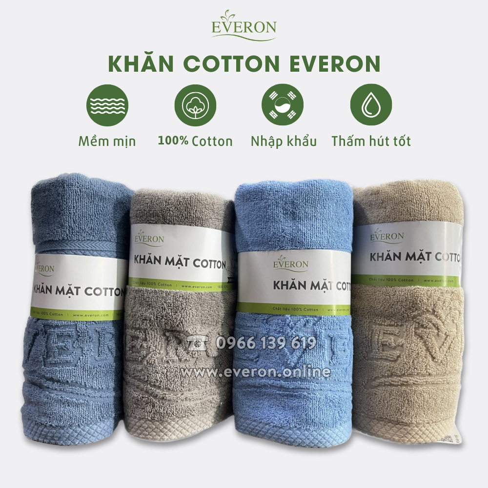 Khăn mặt Everon 100% Cotton 30*50, 40*80 mềm mịn, thấm hút tốt, thân thiện cho da