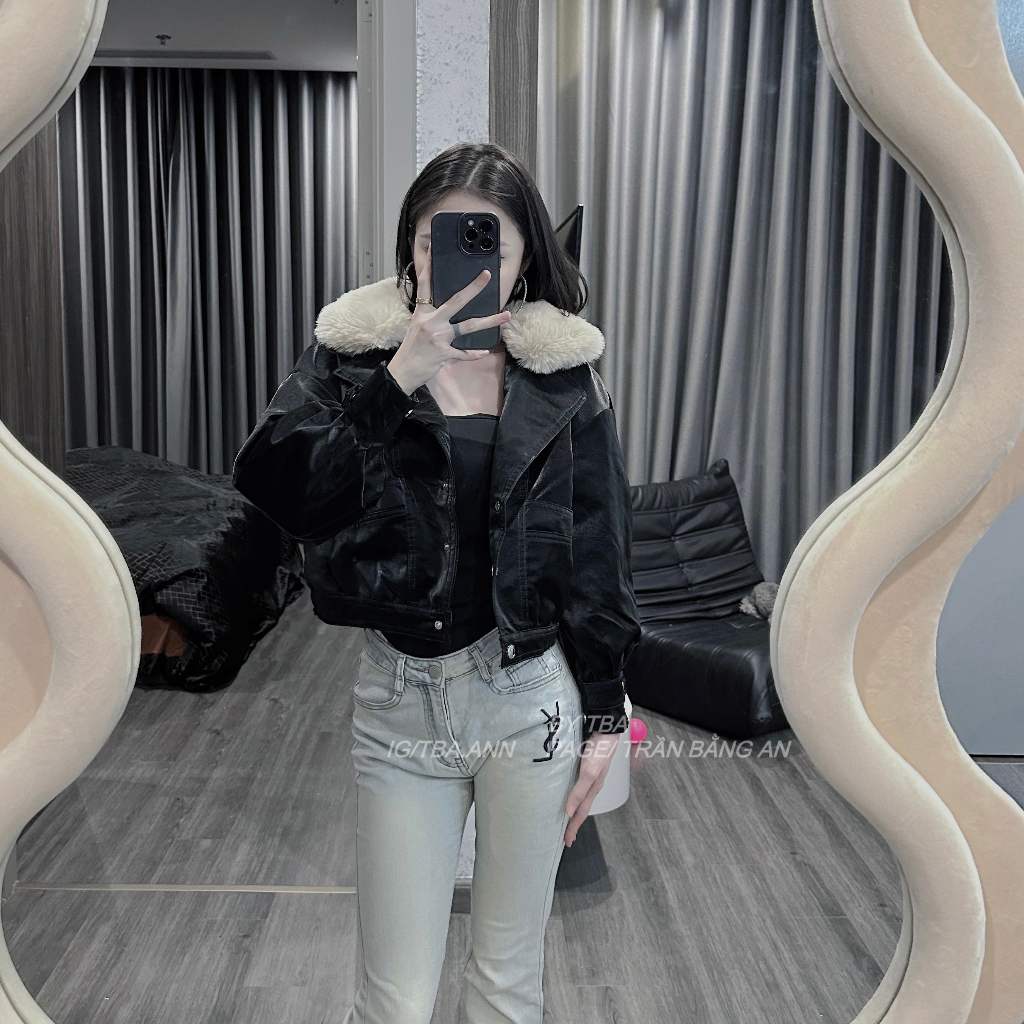 Áo da nữ THESSHEI cúc bấm cổ lót lông phong cách cá tính trẻ trung - đen 105 | BigBuy360 - bigbuy360.vn