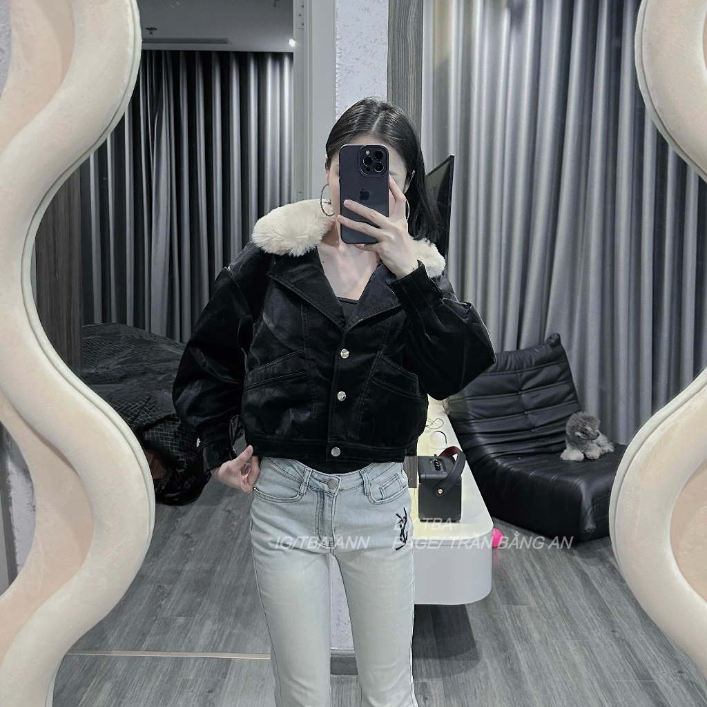 Áo da nữ THESSHEI cúc bấm cổ lót lông phong cách cá tính trẻ trung - đen 105 | BigBuy360 - bigbuy360.vn