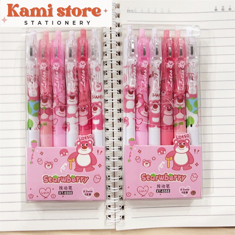 Set hộp 6 bút bấm GẤU DÂU LOSTO  thay ngòi được - Kami Store