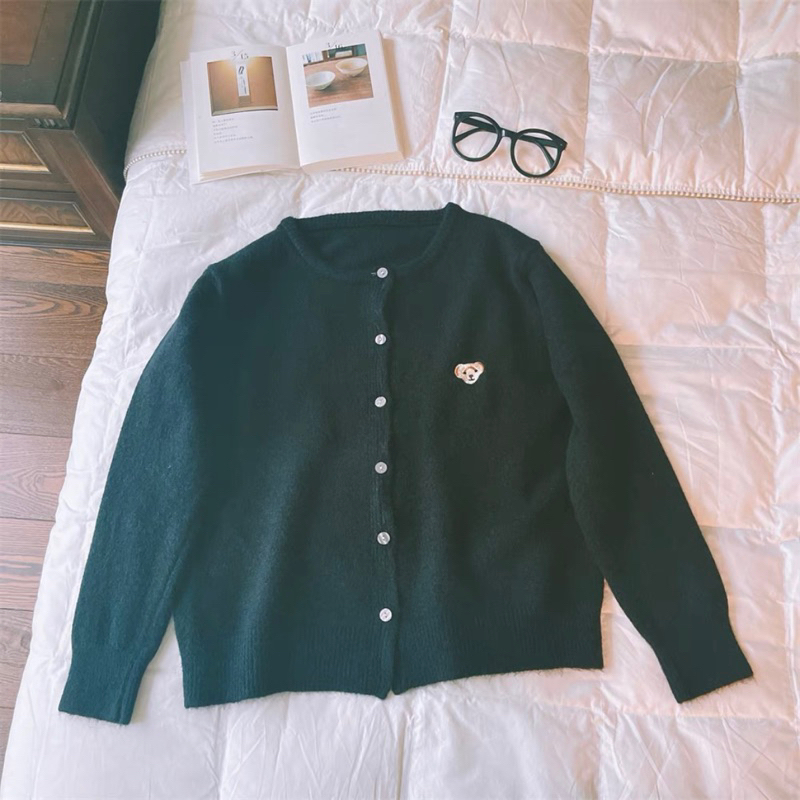 Áo Khoác Len Cadigan Thêu Gấu Bear Cổ Tròn Basic Retro Phong Cách Nhật Bản lemona.vn
