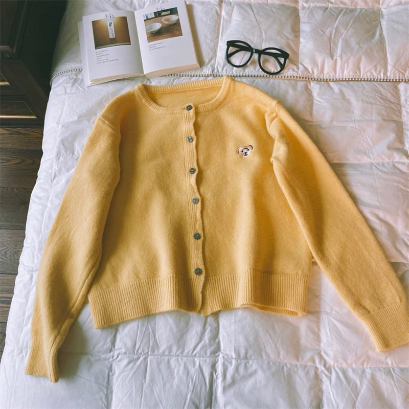Áo Khoác Len Cadigan Thêu Gấu Bear Cổ Tròn Basic Retro Phong Cách Nhật Bản lemona.vn