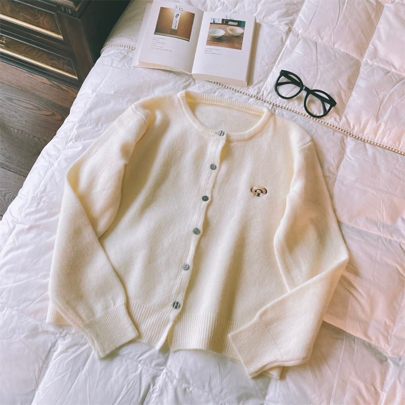 Áo Khoác Len Cadigan Thêu Gấu Bear Cổ Tròn Basic Retro Phong Cách Nhật Bản lemona.vn