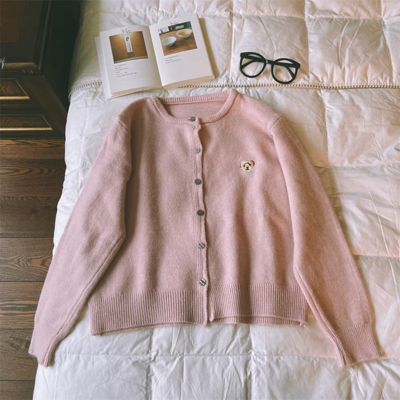 Áo Khoác Len Cadigan Thêu Gấu Bear Cổ Tròn Basic Retro Phong Cách Nhật Bản lemona.vn