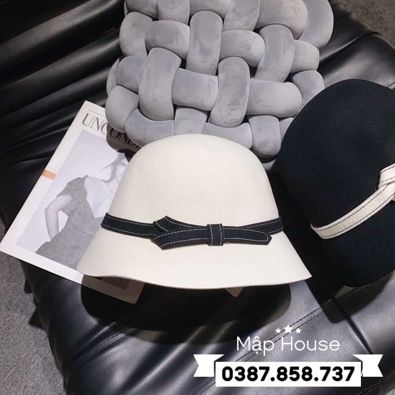 Mũ dạ ép nơ kẻ tiểu thư phong cách Vintage mẫu mới nhất mùa đông 2023