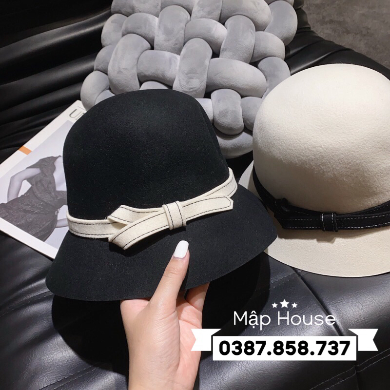 Mũ dạ ép nơ kẻ tiểu thư phong cách Vintage mẫu mới nhất mùa đông 2023