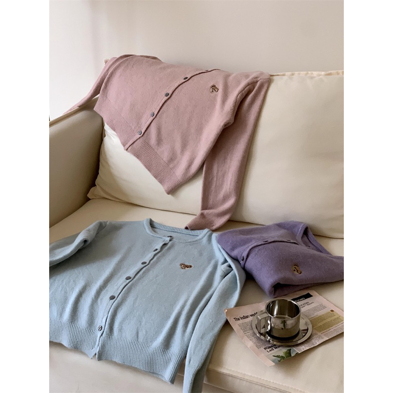 Áo Khoác Len Cadigan Thêu Gấu Bear Cổ Tròn Basic Retro Phong Cách Nhật Bản lemona.vn