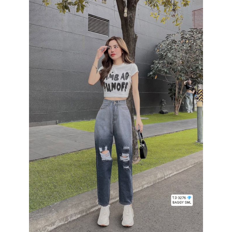 Quần baggy jean nữ màu loang xám đen kiểu rách hot hit - 3276