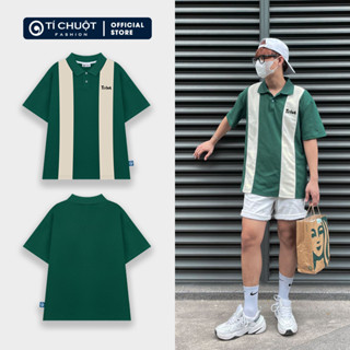 Áo polo nam nữ màu rêu sọc dọc Localbrand Ti:out, áo polo unisex tay lỡ form rộng phối sọc đứng - Tí Chuột Studio