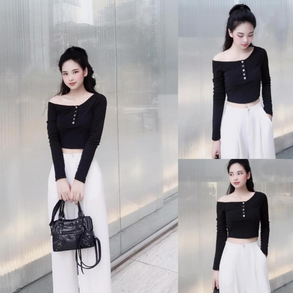 Áo thun nữ  - Áo nữ trễ vai croptop - Áo croptop dài tay thiết kế sang chảnh , tôn dáng siêu xinh