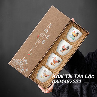 Bộ 4 chén trà gà đại cát gốm sứ Đức Hoá