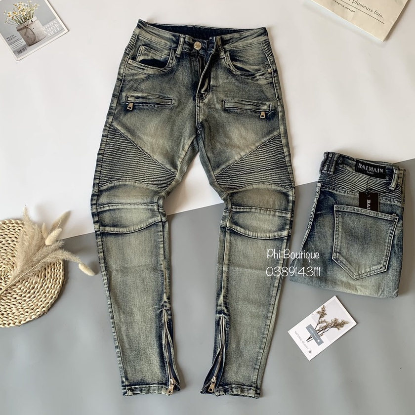 Quần Jean BATMAN Nam Xanh Bụi Phối Đùi Vải Nhăn Khoá Zip Quần Bò Nam Đùi Nhăn Phối Khóa Ngang