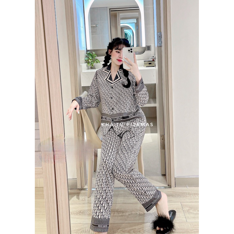 Set pijamas mặc nhà tay dài quần dài lụa luxury hãng Lapeony