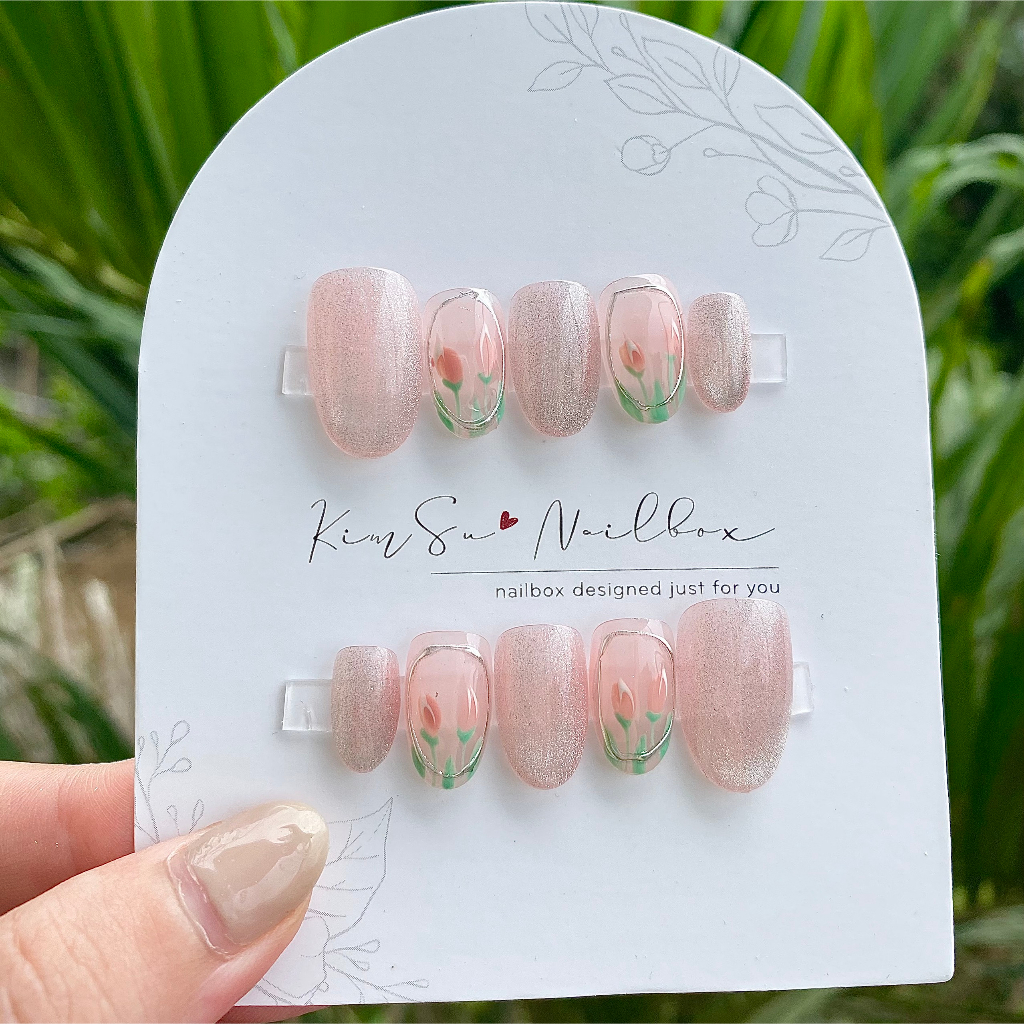 Nailbox vẽ hoa mắt mèo viền tráng gương